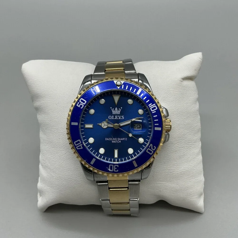OLEVS Dazzling Quartz Mens Watch 41mm Blue Dial Two Tone Diver Date 8.25